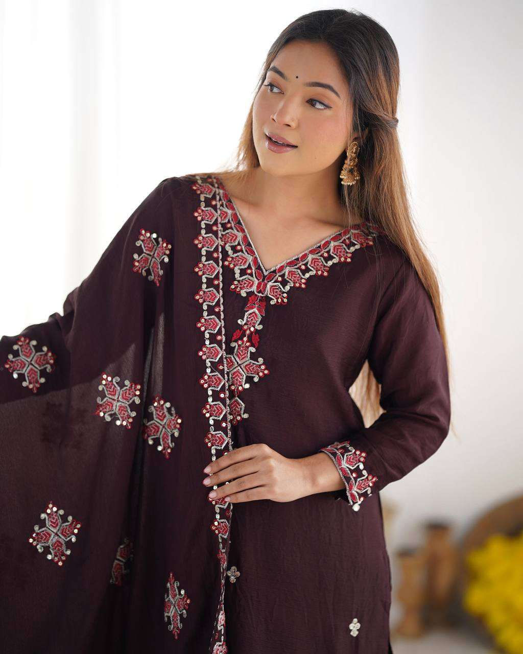 Women's Chinnon Silk Embroidery Sequence Work and Lace Work Straight Kurti With Pant and Dupatta - Image 14