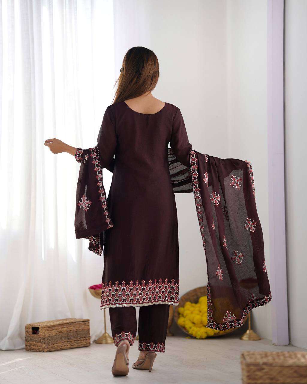 Women's Chinnon Silk Embroidery Sequence Work and Lace Work Straight Kurti With Pant and Dupatta - Image 9